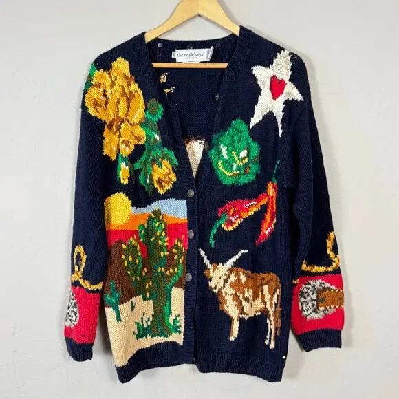 VTG The Eagle's Eye Hand Knit Cardigan Sweater Small Oversized Texas Longhorn - Picture 1 of 16